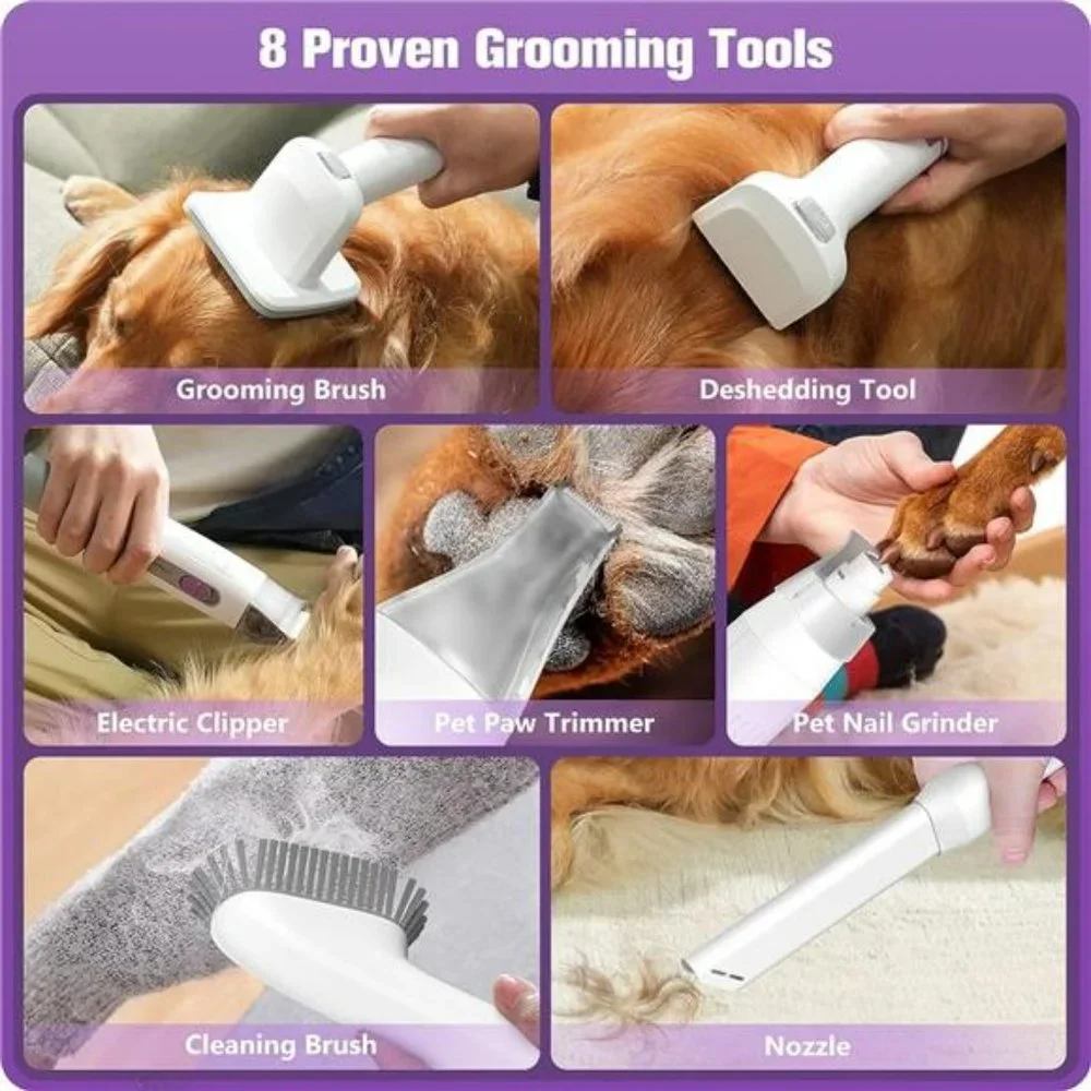 Dog Grooming Kit, 1.5L Dog Hair Vacuum Suction, 8 Pet Grooming Tools
